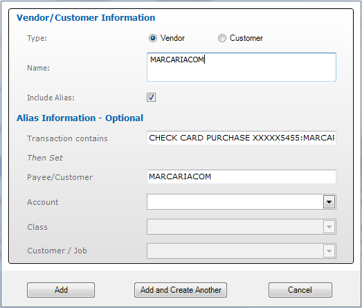 Add Vendor/Customer Window (Editing Vendor Name)