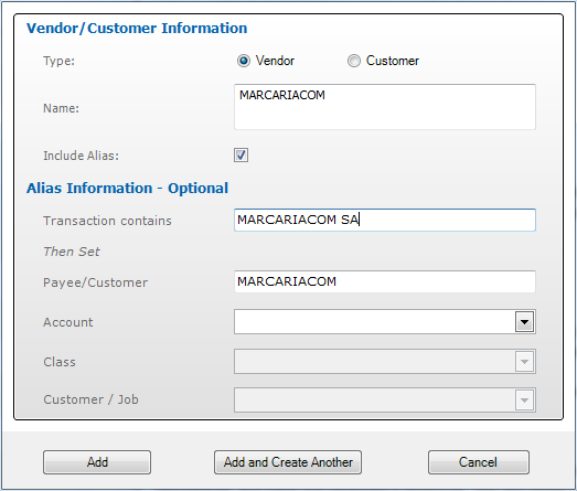 Add Vendor/Customer (Edit Alias Keyword)