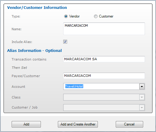 Add Vendor/Customer window (Set Account)