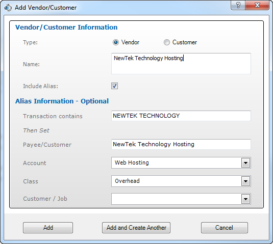 Add Vendor / Customer Window