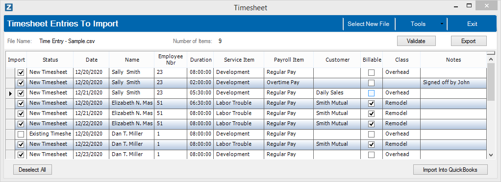 Timesheet Import Window