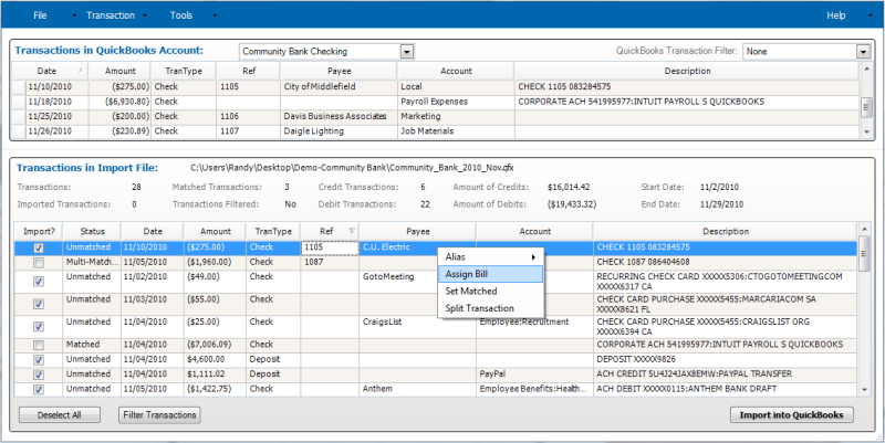 Import Bill Payments Window