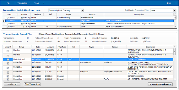 Import Transactions Window Multimatch