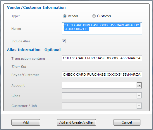 Add Vendor/Customer Window